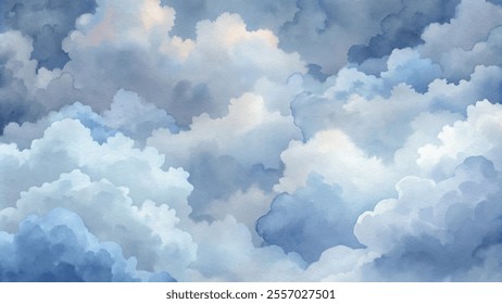 The sky is filled with clouds, creating a sense of calm and serenity. The blue color of the clouds is soothing and peaceful, making the scene feel tranquil and relaxing