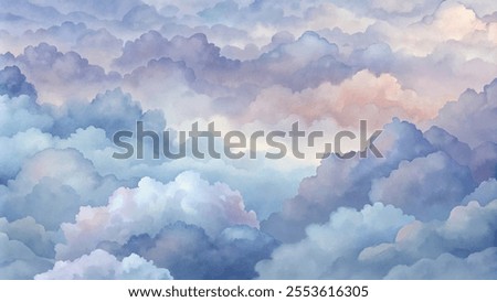 The sky is filled with clouds, creating a sense of calm and serenity. The colors are soft and muted, giving the impression of a peaceful, tranquil scene