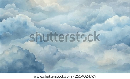 The sky is filled with clouds, creating a sense of calm and serenity. The blue color of the clouds and the sky gives a feeling of tranquility and peacefulness