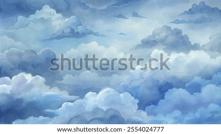 The sky is filled with clouds, creating a sense of calm and serenity. The blue color of the clouds and the sky gives a feeling of tranquility and peacefulness