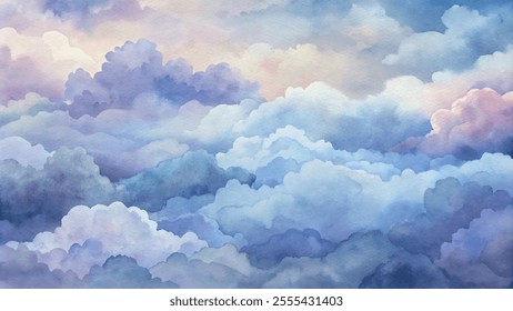 The sky is filled with clouds, creating a serene and peaceful atmosphere. The colors are soft and calming, making it a perfect backdrop for a relaxing scene