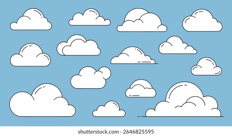 Um céu preenchido com vários estilos e tamanhos de nuvens brancas fofas contra um fundo azul claro