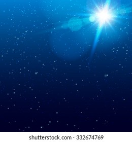Sky with flecks of sunlight and flecks of snow. Light glare, highlight. Blue vector background 