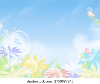 Sky Flower Butterfly Background For Poster, Vector Design With 3D Water, Summer Banner Featuring Nature Illustration, Spring Grass Landscape, Soft Light, Colorful Garden And Seasonal Outdoor Scene.