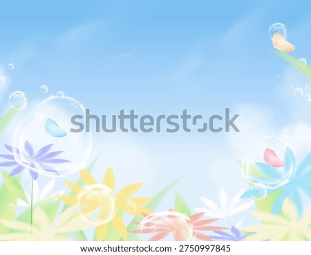 Sky Flower Butterfly Background For Poster, Vector Design With 3D Water, Summer Banner Featuring Nature Illustration, Spring Grass Landscape, Soft Light, Colorful Garden And Seasonal Outdoor Scene.