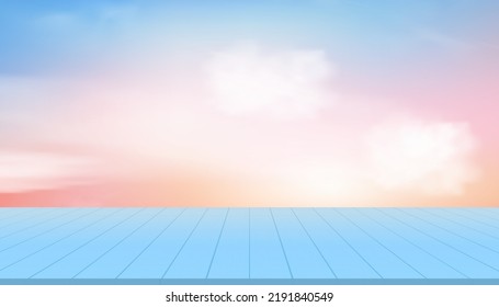 Cielo con nubes esponjosas con la parte superior de la mesa de textura de madera azul,Ilustración vectorial cielo Pastel con panel de madera,Terraza de madera con fondo de cielo para la presentación de productos de pre-entrada de Navidad o Año Nuevo