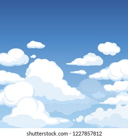 Sky with fluffy clouds. Clean blue panorama of cloudscape cloudy vector cartoon illustration