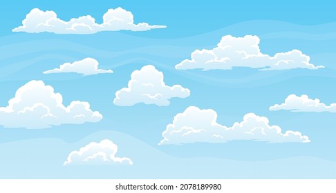 Sky with fluffy clouds on sunny day. Cartoon summer time with blue cloudscape. Paradise heaven background