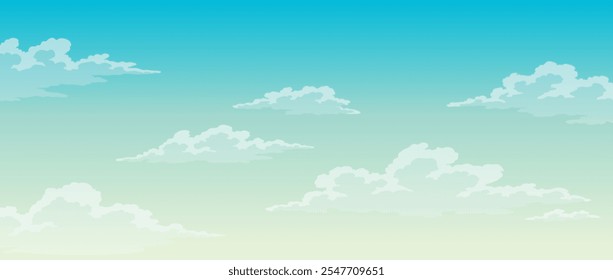 Sky with fluffy clouds on sunny day. Cartoon summer time with blue cloudscape. Beautiful heaven background