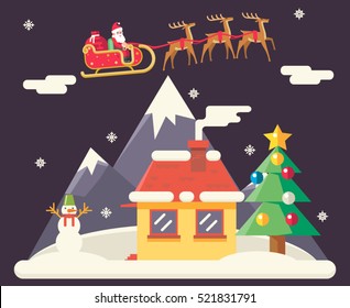 Sky Flying Sleigh Cristmas New Year House Landscape Santa Claus Icons Greeting Card Elements Flat Design Template Vector Illustration