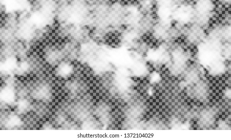 Sky Fog Studio Effect. Transparent Smoke or Steam. VectorSmog on Air. Smoky Vapour Cigarette Condensation. Realistic heaven Collection. WhiteCloudy Stream Illustration. Abstract Design.