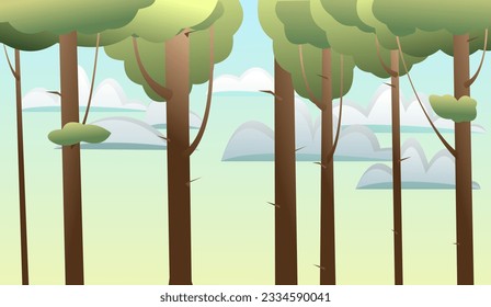 Sky in forest. Green summer landscape with plants. Cartoon fun style. Flat design. Vector.