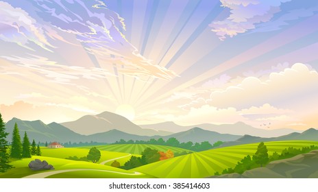 A sky full of rays and a scenic meadow