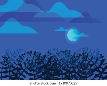 Sky Full Of Stars Moon Cloud Flat illustration Vector Lanscape with midnight Blue color