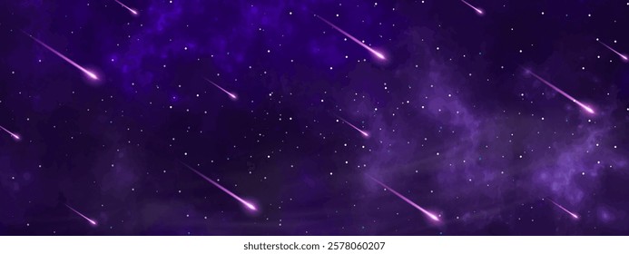 Sky Galaxy, Rain of stars, Clouds with Nebula and Stars on Dark Night Background, Vector Universe filled with Stars on Dark Blue Sky.