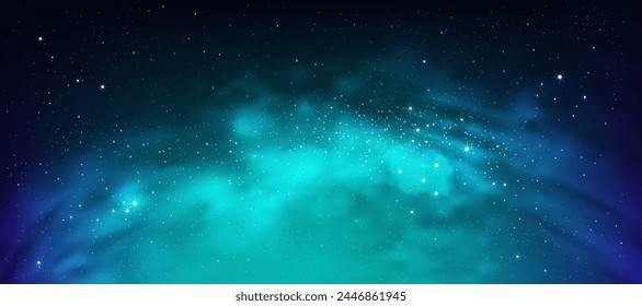 Himmelsgalaxie, Wolke mit Nebel und Sternen im dunkelblauen Nachthintergrund, Vektorgrafik-Universum gefüllt mit Sternen im blauen Himmel, Wunderschöne Natur Sternenfeld mit Milchstraße, Horizon Banner farbenfroher Kosmos, Sternenstaub 