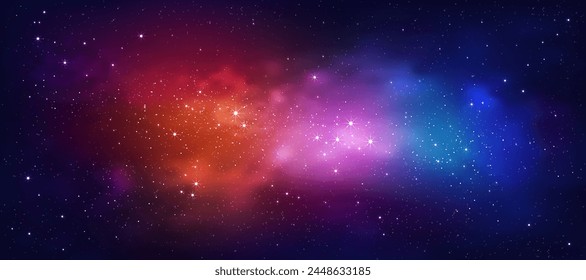 Himmelsgalaxie, Wolke, Sternenstaub im tiefen Universum Nebel und Sterne bei Nacht Hintergrund, Vektorgrafik Sternenhimmel, lila, dunkelblauer Himmel, wunderschöne Natur Sternenfeld mit Milchstraße, Horizont Banner farbenfroher Kosmos