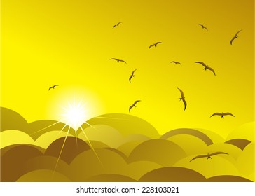 sky. Gold sunrise, clouds and flock of birds