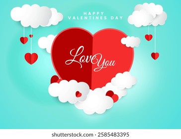 Sky gradient color paper art background design with love and cloud.  A paper heart with a paper cloud background design is used for Valentine's Day. 