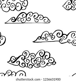 Sky with grunge clouds. Seamless ink pattern. Vector texture.