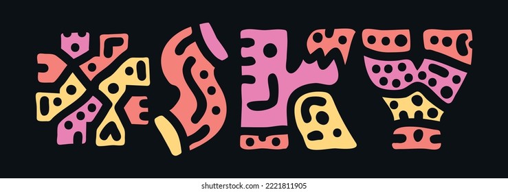 SKY Hashtag. Doodle isolate text. Colored curves decorative doodle letters. Folk artwork style. Hashtag #SKY for print, booklet, banner, flyer. Stock vector.
