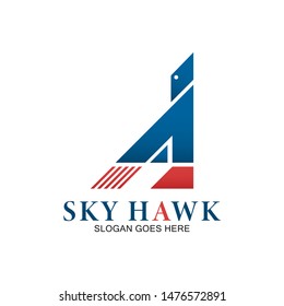 sky hawk logo template. blue and red gradient color. letter A and hawk symbol combination. isolated with white background. vector illustration