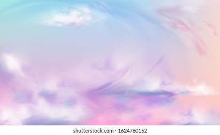 Sky or heaven background. Sunset or sunrise nature landscape with pink, white, blue and lilac soft fluffy clouds flying. Evening or morning abstract vivid fantasy view Realistic 3d vector illustration