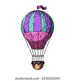 sky hot air balloon hand drawn. borne basket, altitude sunrise, sunset scenic sky hot air balloon vector sketch. isolated color illustration