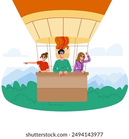 sky hot air balloon ride  vector.  flight high, landscape adventure, fly blue sky hot air balloon ride character. people flat cartoon illustration