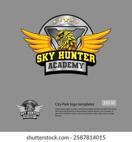 Sky Hunter logo template with an eagle that colored with gold and with a badge style logo.