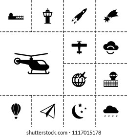 Sky icon. collection of 13 sky filled icons such as helicopter, paper airplane, moon and stars, avenue, rocket, plane, airport tower. editable sky icons for web and mobile.