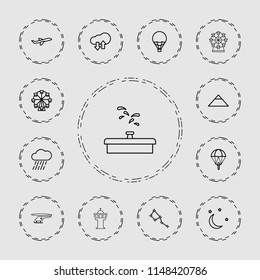 Sky icon. collection of 13 sky outline icons such as pyramid, parachute, ferris wheel, rain, plane, moon and stars, air balloon. editable sky icons for web and mobile.