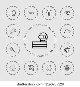 Sky icon. collection of 13 sky outline icons such as airport tower, tree and bench, hang glider, cloud sync, cloud, rocket, paper plane. editable sky icons for web and mobile.