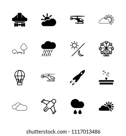 Sky icon. collection of 16 sky filled and outline icons such as rain, cargo plane back view, rocket, sun cloud, helicopter, air balloon. editable sky icons for web and mobile.