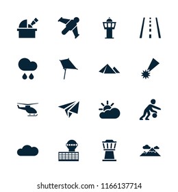 Sky icon. collection of 16 sky filled icons such as kite, falling star, cloud, rain, basketball player, hang glider, airport tower. editable sky icons for web and mobile.