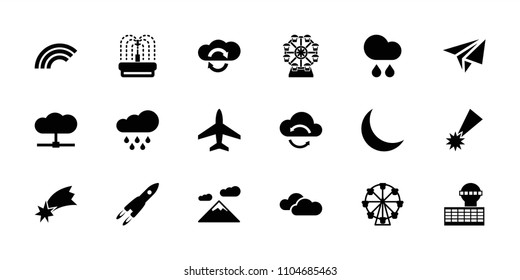 Sky icon. collection of 18 sky filled icons such as falling star, mountain, ferris wheel, fountain, cloud, cloud sync, crescent, rain. editable sky icons for web and mobile.