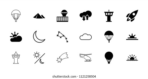 Sky icon. collection of 18 sky filled and outline icons such as airport tower, constellation, parachute, sun rise, rocket, sun cloud. editable sky icons for web and mobile.