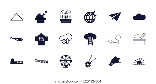 Sky icon. collection of 18 sky filled and outline icons such as helicopter, ferris wheel, fountain, cloud, avenue, paper plane, pyramid. editable sky icons for web and mobile.