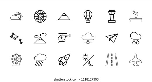 Sky icon. collection of 18 sky outline icons such as airport tower, plane, pyramid, constellation, air balloon, mountain, rain. editable sky icons for web and mobile.