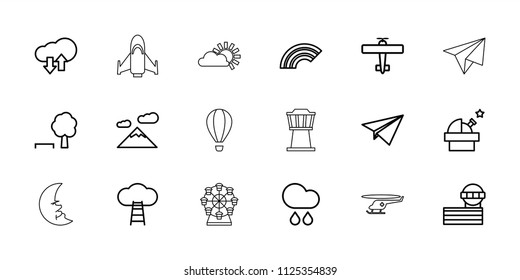 Sky icon. collection of 18 sky outline icons such as airport tower, tree and bench, mountain, observatory, rain, paper plane, rainbow. editable sky icons for web and mobile.
