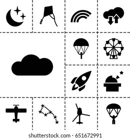 Sky icon. set of 13 filled skyicons such as cloud, moon and stars, rocket, kite, download upload cloud, helicopter, plane, man with parachute, rainbow, observatory, parachute