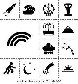 Sky icon. set of 13 filled sky icons such as airport tower, cloudy weather, pyramid, fountain, sun rise, cargo plane back view, moon and stars, basketball player, rocket