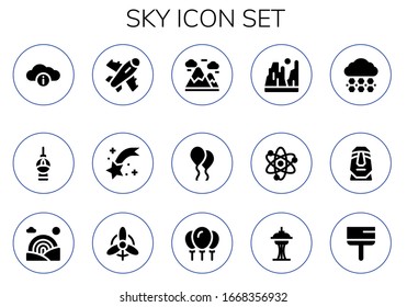 sky icon set. 15 filled sky icons.  Simple modern icons such as: Cloud, Fernsehturm berlin, Plane, Shooting star, Mountains, Balloon, Canyon, Solar system, Hail, Moai, Rainbow