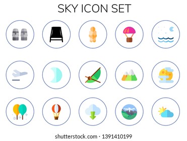sky icon set. 15 flat sky icons.  Simple modern icons about  - moais, departure, beach chair, moon, venus, parachute, mountain, night, mist, balloon, hot air balloon, cloud, mountains