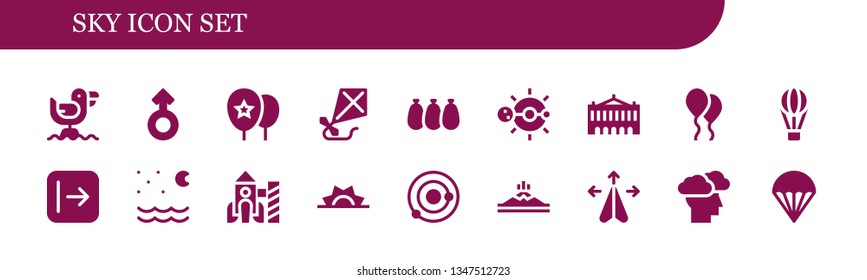 sky icon set. 18 filled sky icons.  Collection Of - Seagull, Mars, Balloons, Kite, Solar system, Palais garnier, Balloon, Hot air balloon, Send, Night, Rocket, Sunrise, Mountain