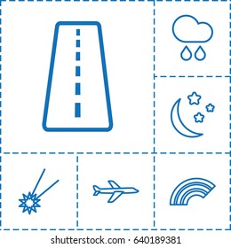Sky icon. set of 6 sky outline icons such as runway, moon and stars, rain, plane, falling star