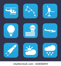 Sky icon. set of 9 filled sky icons such as helicopter, airport tower, sun cloud, rain, air balloon, rocket