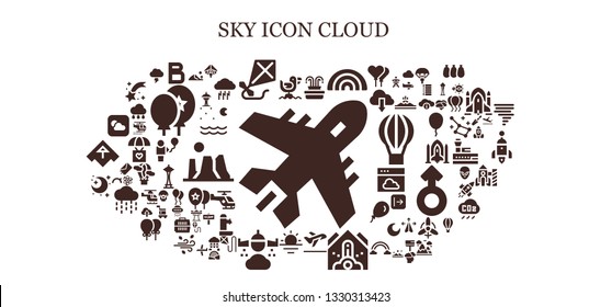 sky icon set. 93 filled sky icons.  Simple modern icons about  - Plane, Seagull, Bold, Kite, Fountain, Rainbow, Take off, Falling debris, Sunrise, Rain, Night, Weather, Dune, Hang gliding