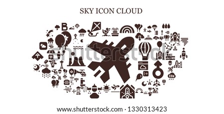 sky icon set. 93 filled sky icons.  Simple modern icons about  - Plane, Seagull, Bold, Kite, Fountain, Rainbow, Take off, Falling debris, Sunrise, Rain, Night, Weather, Dune, Hang gliding