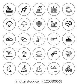 Sky icon set. collection of 25 outline sky icons with cloud, control tower, dunes, fountain, helicopter, kite, landing, mountain, observatory, night icons. editable icons.